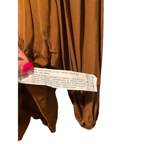 Zara Basics Blouse Top Women's Size L Brown Long Sleeve Knotted Neck Pullover - Picture 3 of 6